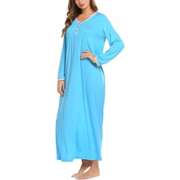 Ekouaer Womens Long Sleeve Nightgown Long Sleepshirts Henley Sleep Dress Full Length Sleepwear S4XLAblue