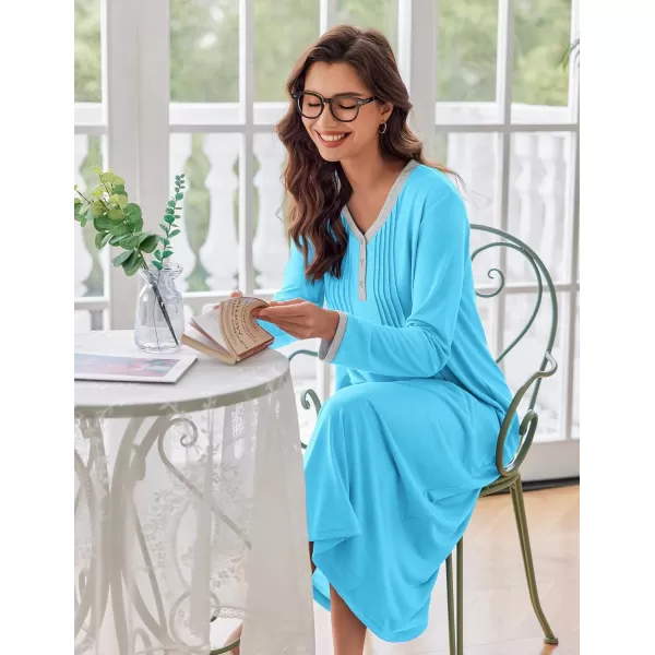 Ekouaer Womens Long Sleeve Nightgown Long Sleepshirts Henley Sleep Dress Full Length Sleepwear S4XLAblue