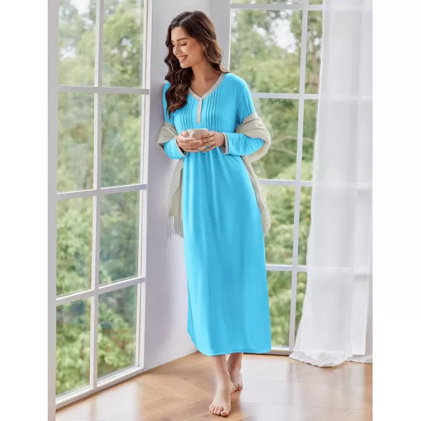 Ekouaer Womens Long Sleeve Nightgown Long Sleepshirts Henley Sleep Dress Full Length Sleepwear S4XLAblue