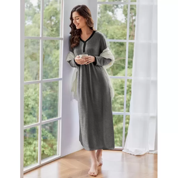 Ekouaer Womens Long Sleeve Nightgown Long Sleepshirts Henley Sleep Dress Full Length Sleepwear S4XLAgrey