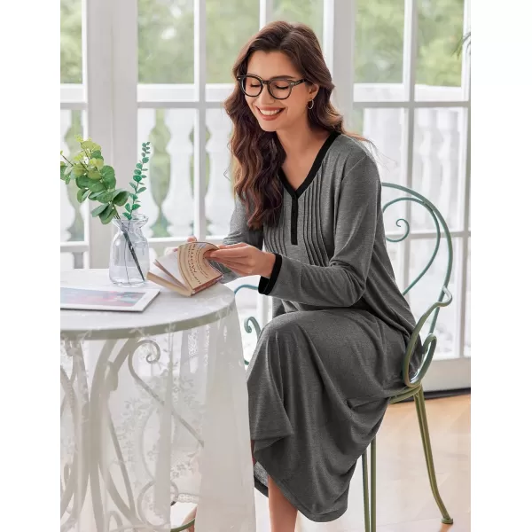 Ekouaer Womens Long Sleeve Nightgown Long Sleepshirts Henley Sleep Dress Full Length Sleepwear S4XLAgrey