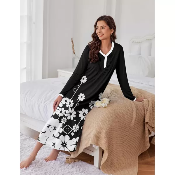 Ekouaer Womens Long Sleeve Nightgown Long Sleepshirts Henley Sleep Dress Full Length Sleepwear S4XLBablackwhite Flowers