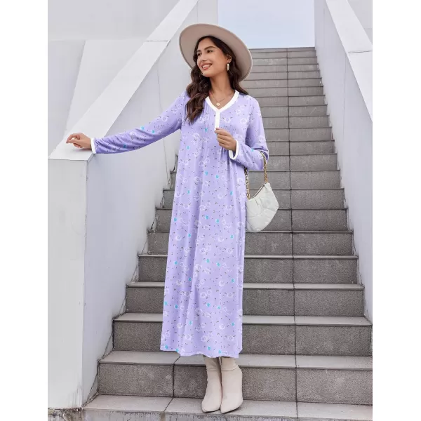 Ekouaer Womens Long Sleeve Nightgown Long Sleepshirts Henley Sleep Dress Full Length Sleepwear S4XLBapurpleblue Flowers