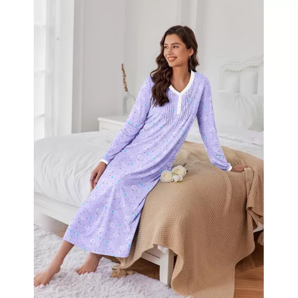 Ekouaer Womens Long Sleeve Nightgown Long Sleepshirts Henley Sleep Dress Full Length Sleepwear S4XLBapurpleblue Flowers