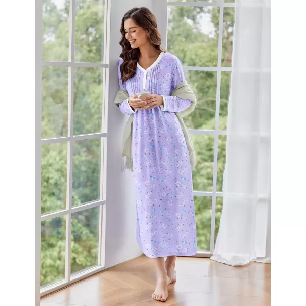 Ekouaer Womens Long Sleeve Nightgown Long Sleepshirts Henley Sleep Dress Full Length Sleepwear S4XLBapurpleblue Flowers