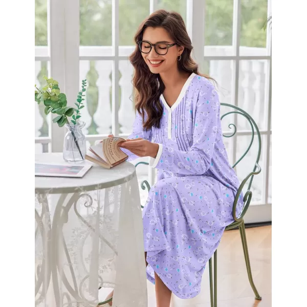 Ekouaer Womens Long Sleeve Nightgown Long Sleepshirts Henley Sleep Dress Full Length Sleepwear S4XLBapurpleblue Flowers