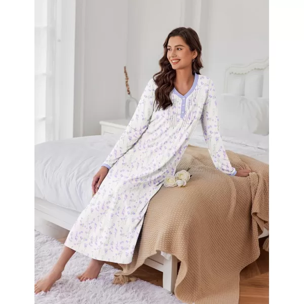 Ekouaer Womens Long Sleeve Nightgown Long Sleepshirts Henley Sleep Dress Full Length Sleepwear S4XLBawhite Flowers