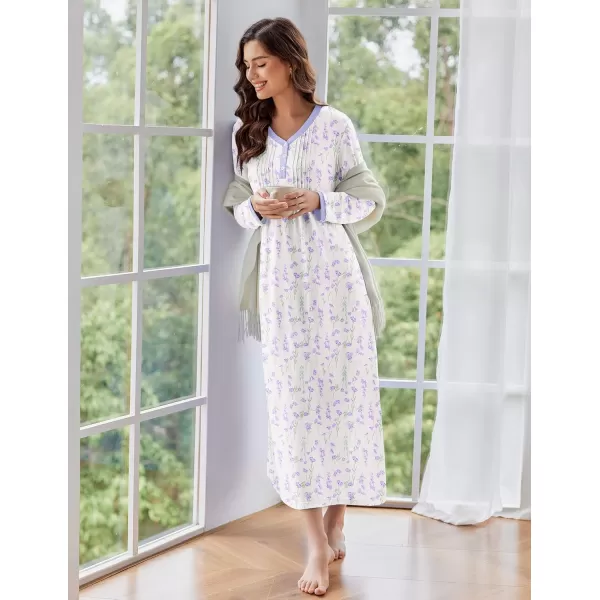 Ekouaer Womens Long Sleeve Nightgown Long Sleepshirts Henley Sleep Dress Full Length Sleepwear S4XLBawhite Flowers