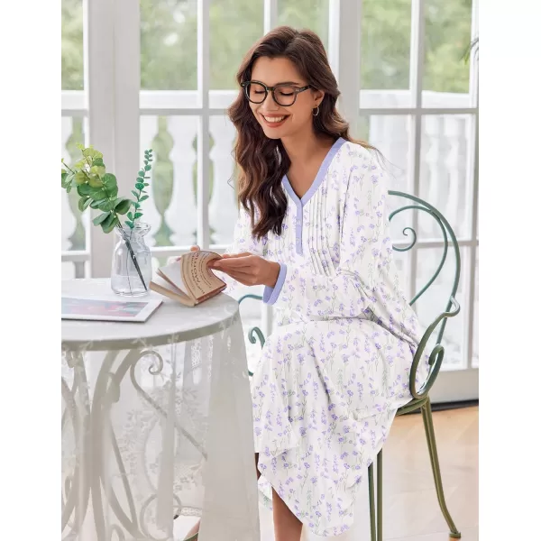 Ekouaer Womens Long Sleeve Nightgown Long Sleepshirts Henley Sleep Dress Full Length Sleepwear S4XLBawhite Flowers