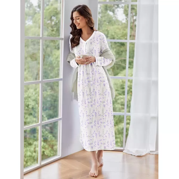 Ekouaer Womens Long Sleeve Nightgown Long Sleepshirts Henley Sleep Dress Full Length Sleepwear S4XLBawhitepurple Flowers