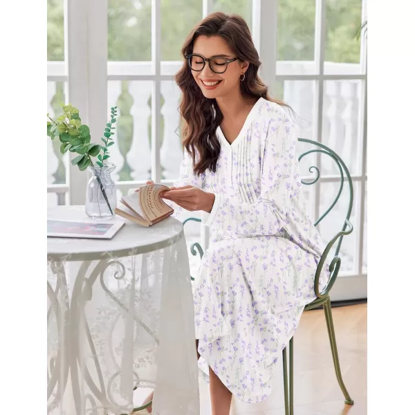 Ekouaer Womens Long Sleeve Nightgown Long Sleepshirts Henley Sleep Dress Full Length Sleepwear S4XLBawhitepurple Flowers