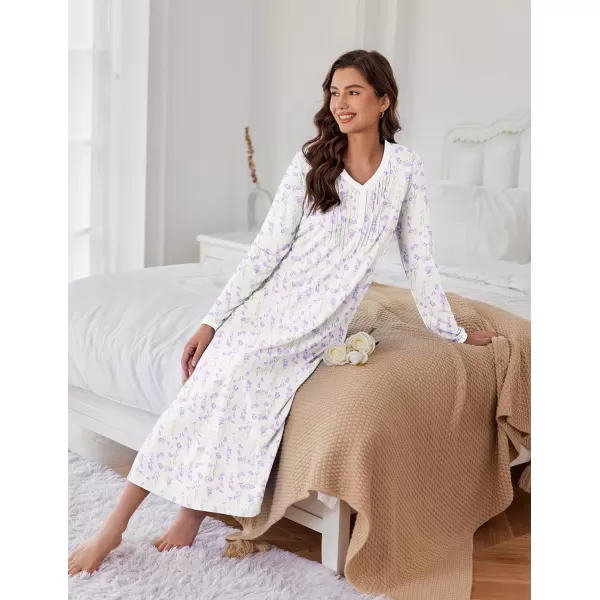 Ekouaer Womens Long Sleeve Nightgown Long Sleepshirts Henley Sleep Dress Full Length Sleepwear S4XLBawhitepurple Flowers