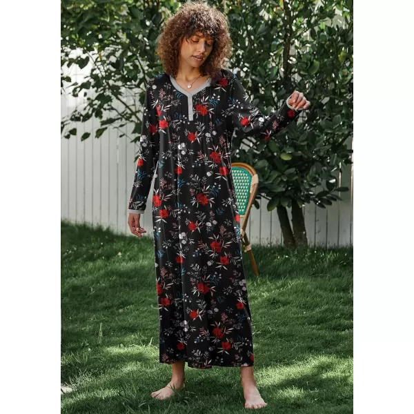 Ekouaer Womens Long Sleeve Nightgown Long Sleepshirts Henley Sleep Dress Full Length Sleepwear S4XLBbblackfloral Print