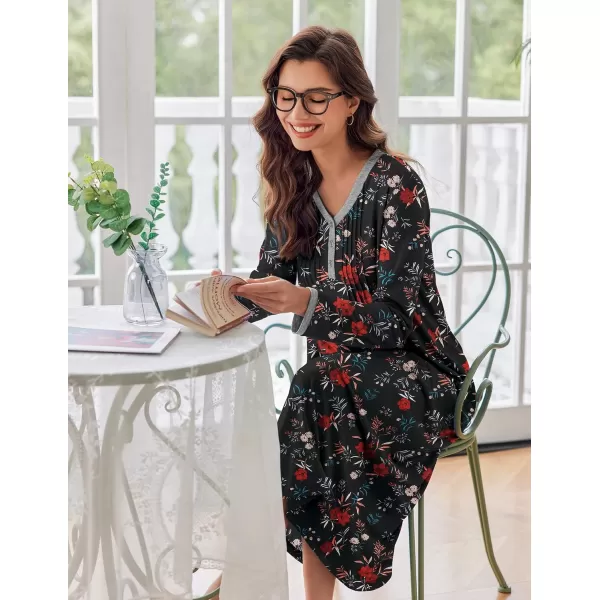 Ekouaer Womens Long Sleeve Nightgown Long Sleepshirts Henley Sleep Dress Full Length Sleepwear S4XLBbblackfloral Print