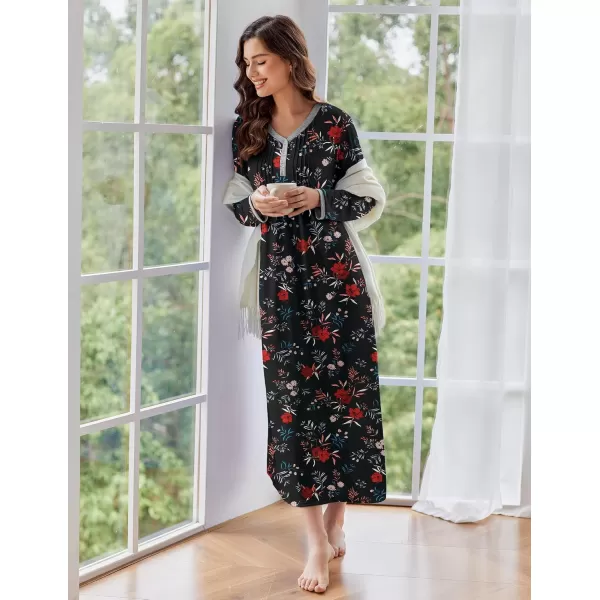 Ekouaer Womens Long Sleeve Nightgown Long Sleepshirts Henley Sleep Dress Full Length Sleepwear S4XLBbblackfloral Print