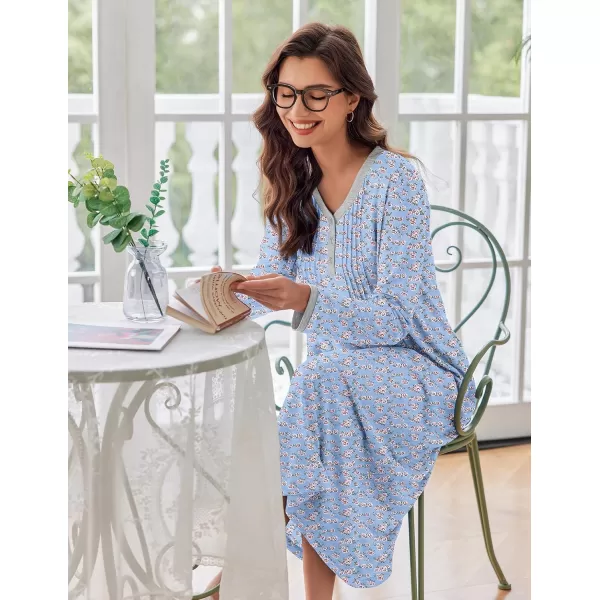 Ekouaer Womens Long Sleeve Nightgown Long Sleepshirts Henley Sleep Dress Full Length Sleepwear S4XLBbluered Flowers