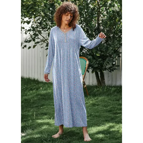 Ekouaer Womens Long Sleeve Nightgown Long Sleepshirts Henley Sleep Dress Full Length Sleepwear S4XLBbluered Flowers