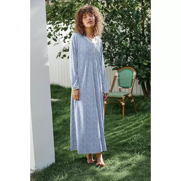 Ekouaer Womens Long Sleeve Nightgown Long Sleepshirts Henley Sleep Dress Full Length Sleepwear S4XLBbluered Flowers