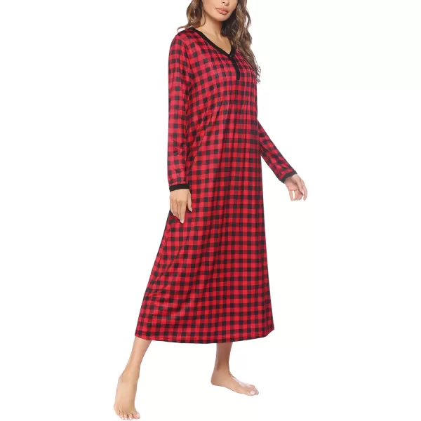 Ekouaer Womens Long Sleeve Nightgown Long Sleepshirts Henley Sleep Dress Full Length Sleepwear S4XLBbredblack Grid