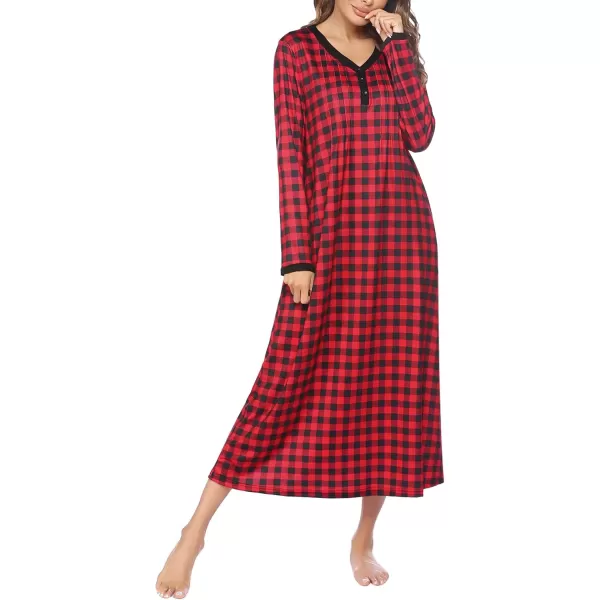 Ekouaer Womens Long Sleeve Nightgown Long Sleepshirts Henley Sleep Dress Full Length Sleepwear S4XLBbredblack Grid