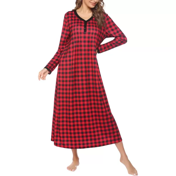 Ekouaer Womens Long Sleeve Nightgown Long Sleepshirts Henley Sleep Dress Full Length Sleepwear S4XLBbredblack Grid