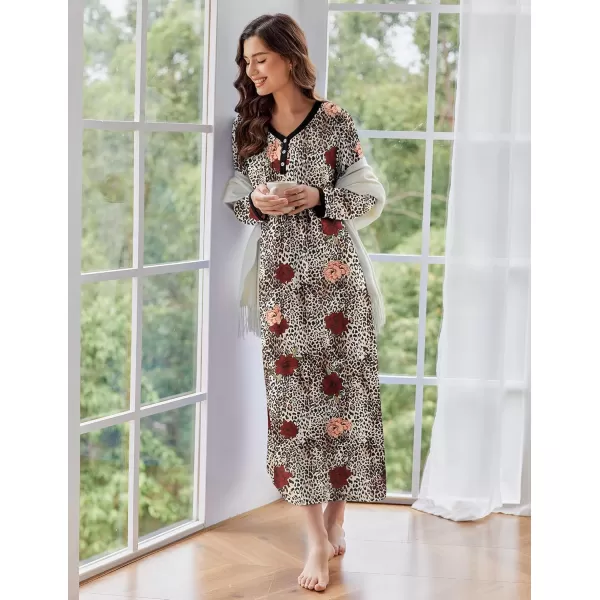 Ekouaer Womens Long Sleeve Nightgown Long Sleepshirts Henley Sleep Dress Full Length Sleepwear S4XLBbroseleopard Print