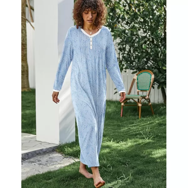 Ekouaer Womens Long Sleeve Nightgown Long Sleepshirts Henley Sleep Dress Full Length Sleepwear S4XLBlue Big Flower