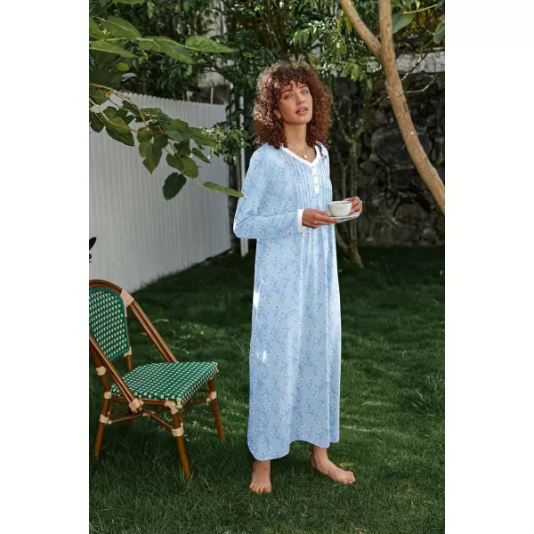 Ekouaer Womens Long Sleeve Nightgown Long Sleepshirts Henley Sleep Dress Full Length Sleepwear S4XLBlue Big Flower