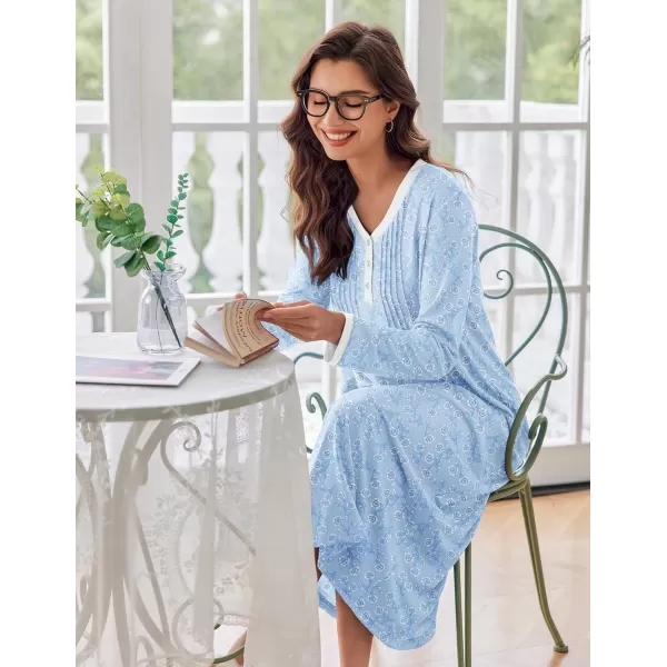 Ekouaer Womens Long Sleeve Nightgown Long Sleepshirts Henley Sleep Dress Full Length Sleepwear S4XLBlue Big Flower