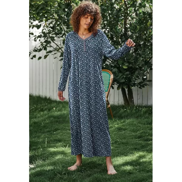 Ekouaer Womens Long Sleeve Nightgown Long Sleepshirts Henley Sleep Dress Full Length Sleepwear S4XLBnavywhite Flowers