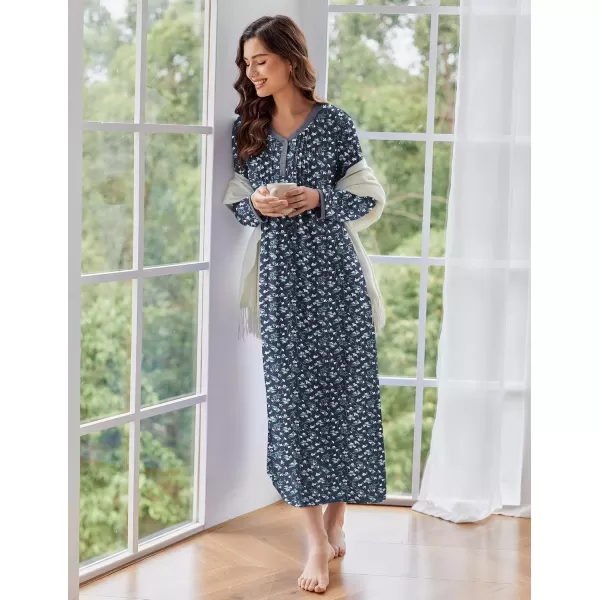 Ekouaer Womens Long Sleeve Nightgown Long Sleepshirts Henley Sleep Dress Full Length Sleepwear S4XLBnavywhite Flowers