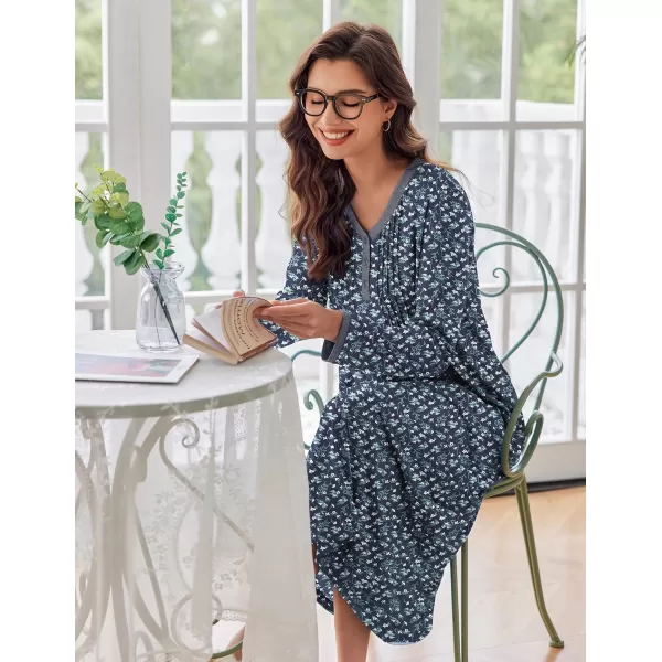 Ekouaer Womens Long Sleeve Nightgown Long Sleepshirts Henley Sleep Dress Full Length Sleepwear S4XLBnavywhite Flowers