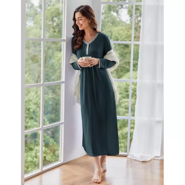 Ekouaer Womens Long Sleeve Nightgown Long Sleepshirts Henley Sleep Dress Full Length Sleepwear S4XLDark Green