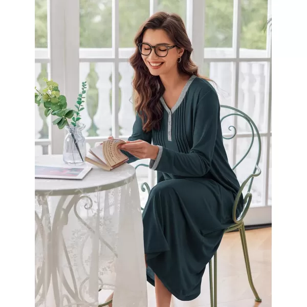 Ekouaer Womens Long Sleeve Nightgown Long Sleepshirts Henley Sleep Dress Full Length Sleepwear S4XLDark Green