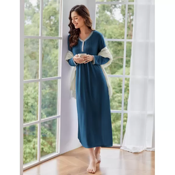 Ekouaer Womens Long Sleeve Nightgown Long Sleepshirts Henley Sleep Dress Full Length Sleepwear S4XLDeep Blue