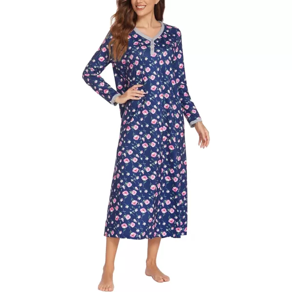 Ekouaer Womens Long Sleeve Nightgown Long Sleepshirts Henley Sleep Dress Full Length Sleepwear S4XLFuchsia Flowers