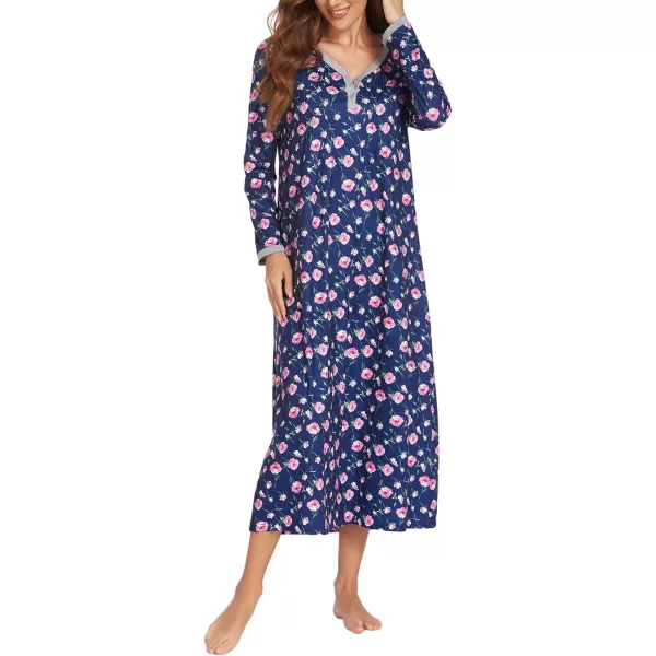 Ekouaer Womens Long Sleeve Nightgown Long Sleepshirts Henley Sleep Dress Full Length Sleepwear S4XLFuchsia Flowers