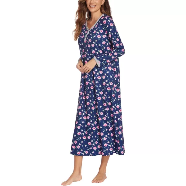 Ekouaer Womens Long Sleeve Nightgown Long Sleepshirts Henley Sleep Dress Full Length Sleepwear S4XLFuchsia Flowers