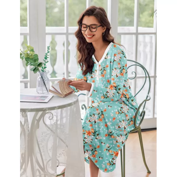 Ekouaer Womens Long Sleeve Nightgown Long Sleepshirts Henley Sleep Dress Full Length Sleepwear S4XLGreen Flower