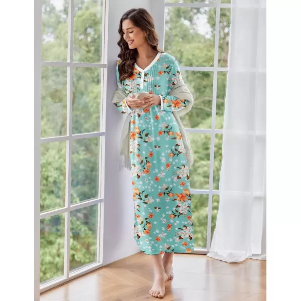 Ekouaer Womens Long Sleeve Nightgown Long Sleepshirts Henley Sleep Dress Full Length Sleepwear S4XLGreen Flower