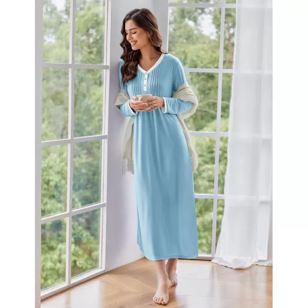 Ekouaer Womens Long Sleeve Nightgown Long Sleepshirts Henley Sleep Dress Full Length Sleepwear S4XLLight Blue