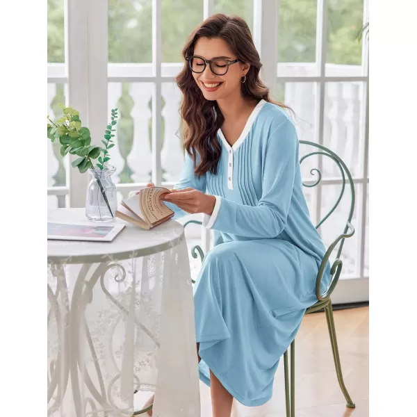 Ekouaer Womens Long Sleeve Nightgown Long Sleepshirts Henley Sleep Dress Full Length Sleepwear S4XLLight Blue