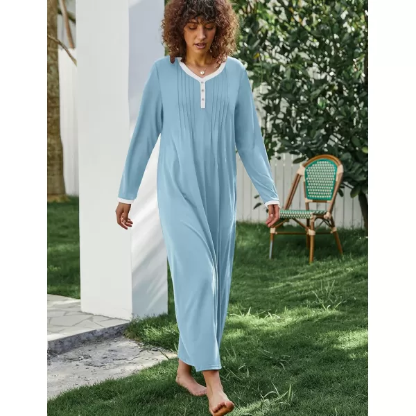 Ekouaer Womens Long Sleeve Nightgown Long Sleepshirts Henley Sleep Dress Full Length Sleepwear S4XLLight Blue