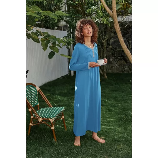 Ekouaer Womens Long Sleeve Nightgown Long Sleepshirts Henley Sleep Dress Full Length Sleepwear S4XLOcean Blue