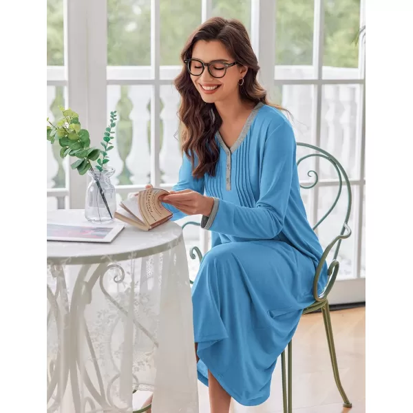 Ekouaer Womens Long Sleeve Nightgown Long Sleepshirts Henley Sleep Dress Full Length Sleepwear S4XLOcean Blue