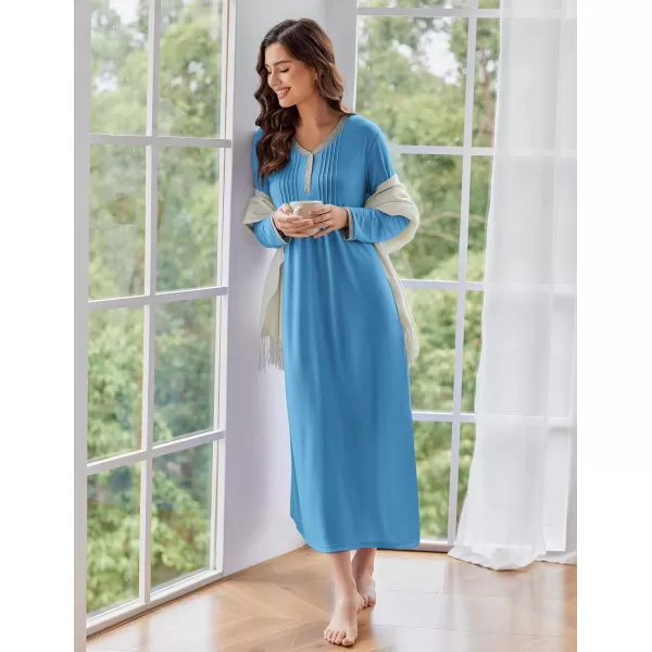 Ekouaer Womens Long Sleeve Nightgown Long Sleepshirts Henley Sleep Dress Full Length Sleepwear S4XLOcean Blue