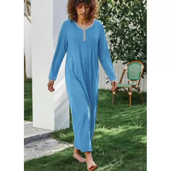 Ekouaer Womens Long Sleeve Nightgown Long Sleepshirts Henley Sleep Dress Full Length Sleepwear S4XLOcean Blue