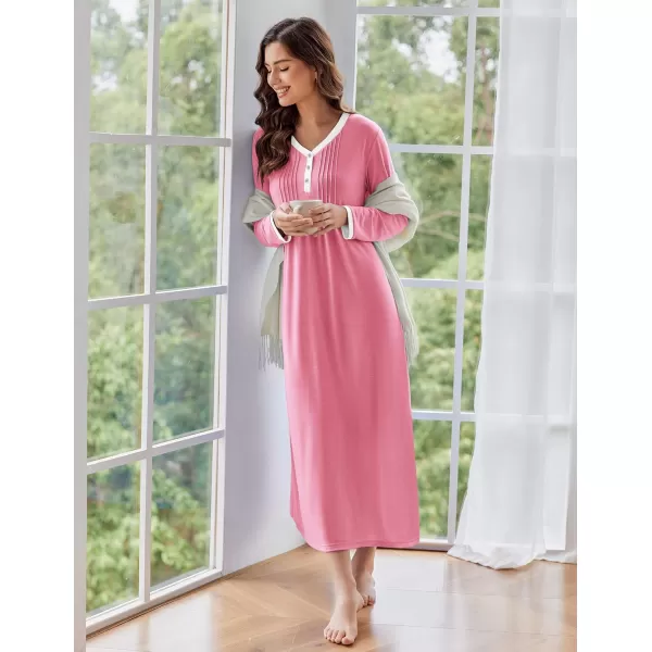 Ekouaer Womens Long Sleeve Nightgown Long Sleepshirts Henley Sleep Dress Full Length Sleepwear S4XLPink