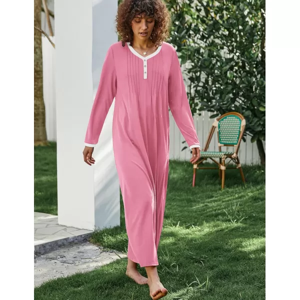 Ekouaer Womens Long Sleeve Nightgown Long Sleepshirts Henley Sleep Dress Full Length Sleepwear S4XLPink