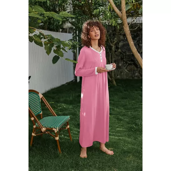 Ekouaer Womens Long Sleeve Nightgown Long Sleepshirts Henley Sleep Dress Full Length Sleepwear S4XLPink